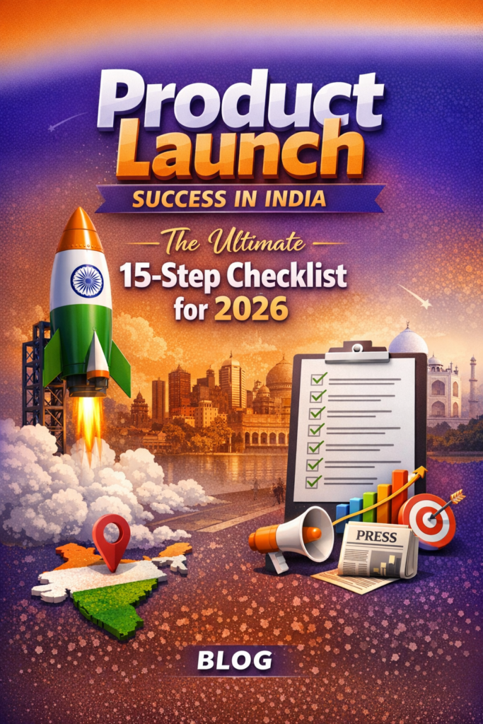 Illustration showing a product launch checklist for India in 2026, featuring a rocket launch, Indian landmarks, a 15-step checklist, press and marketing icons symbolising PR, brand strategy, and successful product launch planning.