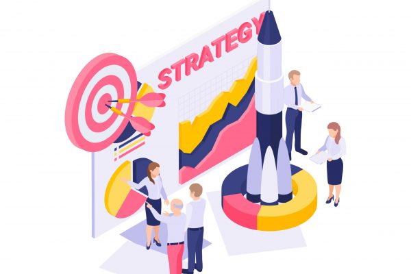 Isometric branding strategy concept with rocket target characters colorful diagram vector illustration
