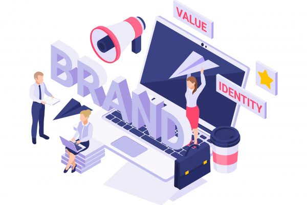 Isometric icon with people working on new brand strategy 3d vector illustration